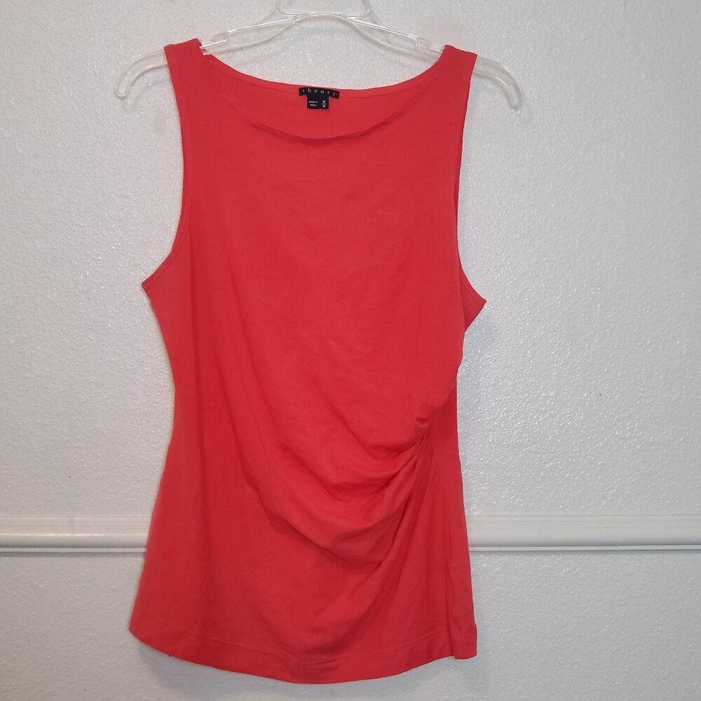 Theory Shirt Sleeveless Top Ruched‎ Side Red Orange Womens Sz M Cotton Spandex